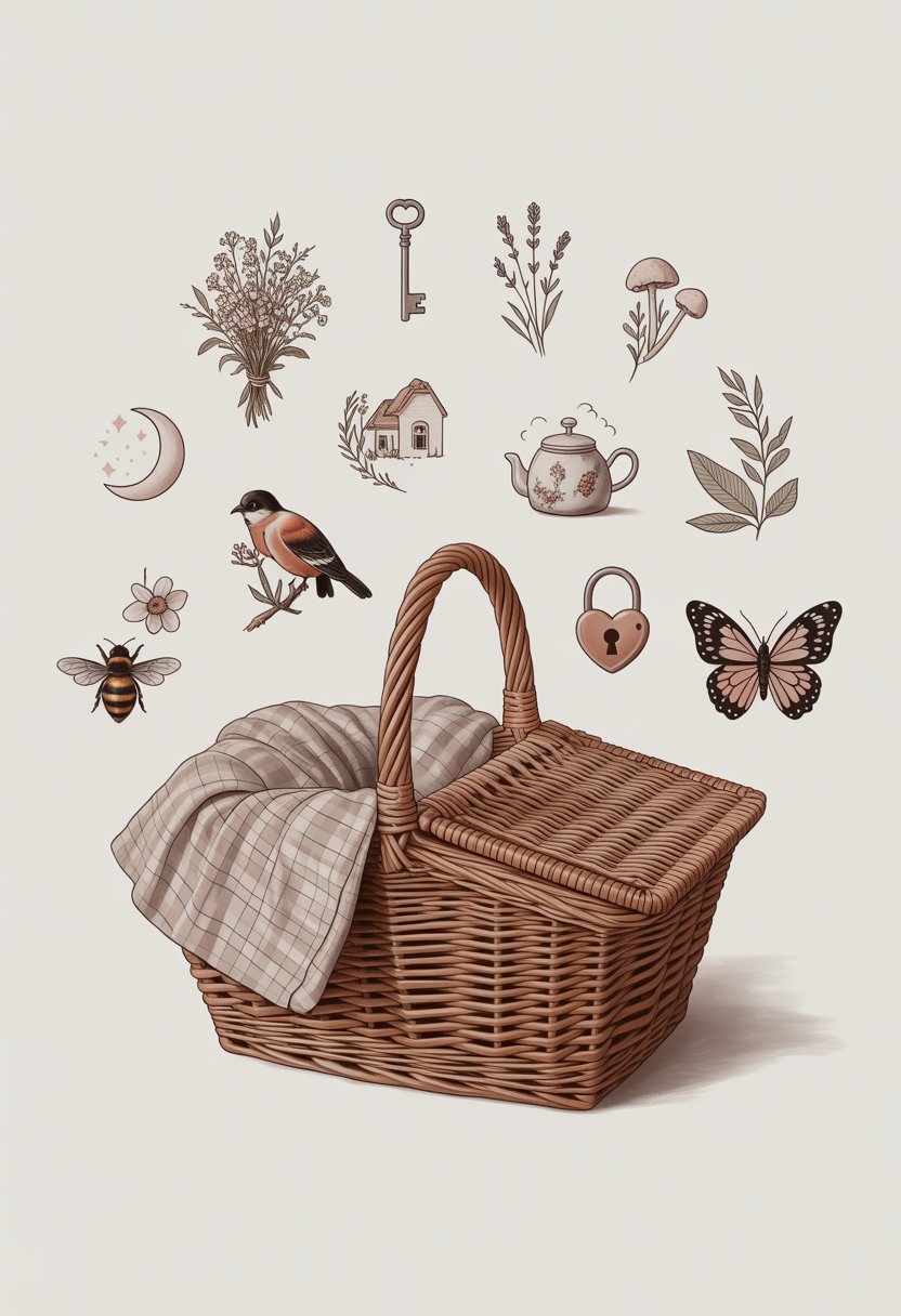 An old-fashioned wicker picnic basket surrounded by twelve small nature and cottage-themed tattoo designs arranged around it.