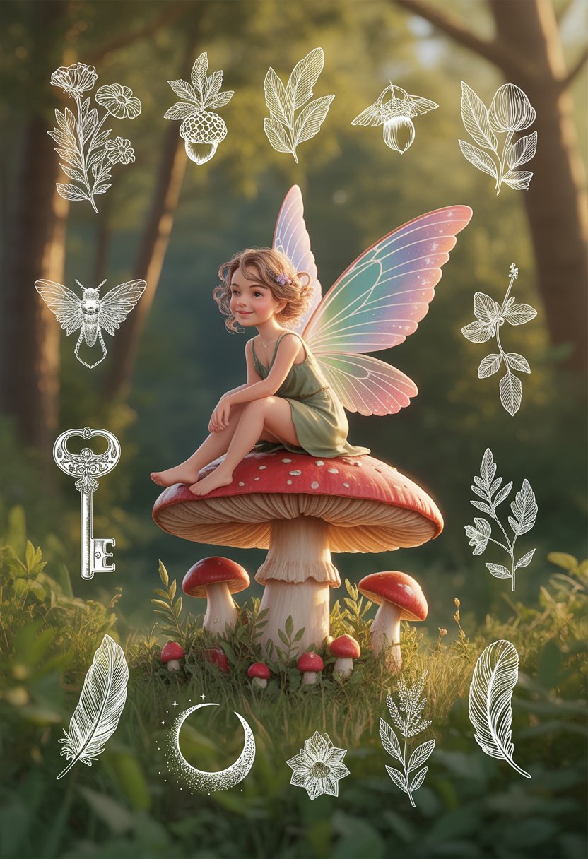 A fairy sitting on a large mushroom surrounded by small nature-inspired designs including flowers, leaves, and animals.
