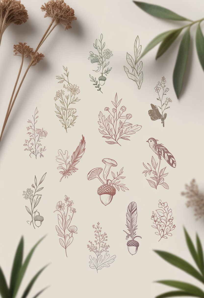 Twelve small nature-inspired tattoo designs featuring acorns, oak leaves, wildflowers, mushrooms, feathers, and woodland creatures arranged on a plain background.