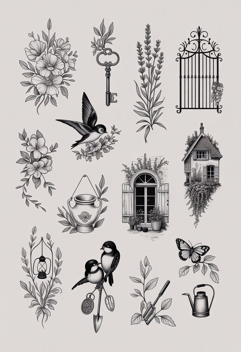 Twelve black and white tattoo designs inspired by French cottage elements, including flowers, birds, keys, garden tools, and vintage decorative motifs arranged together.