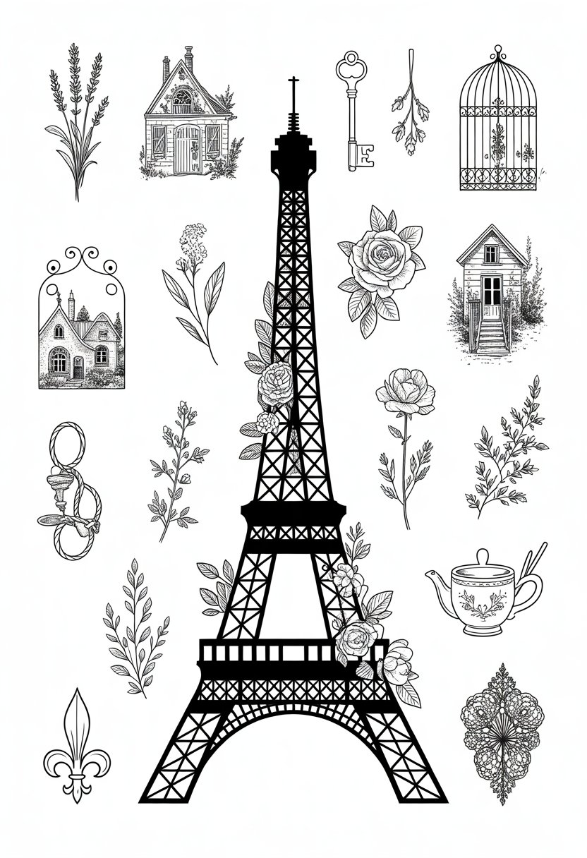 A black and white illustration showing the silhouette of the Eiffel Tower with floral accents, surrounded by twelve small French cottage-inspired tattoo designs.