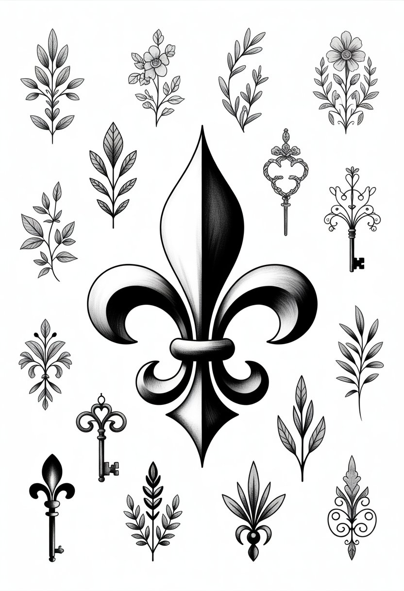 A black and white illustration of a fleur-de-lis surrounded by twelve French cottage-inspired tattoo designs including florals, keys, herbs, birds, and decorative patterns.