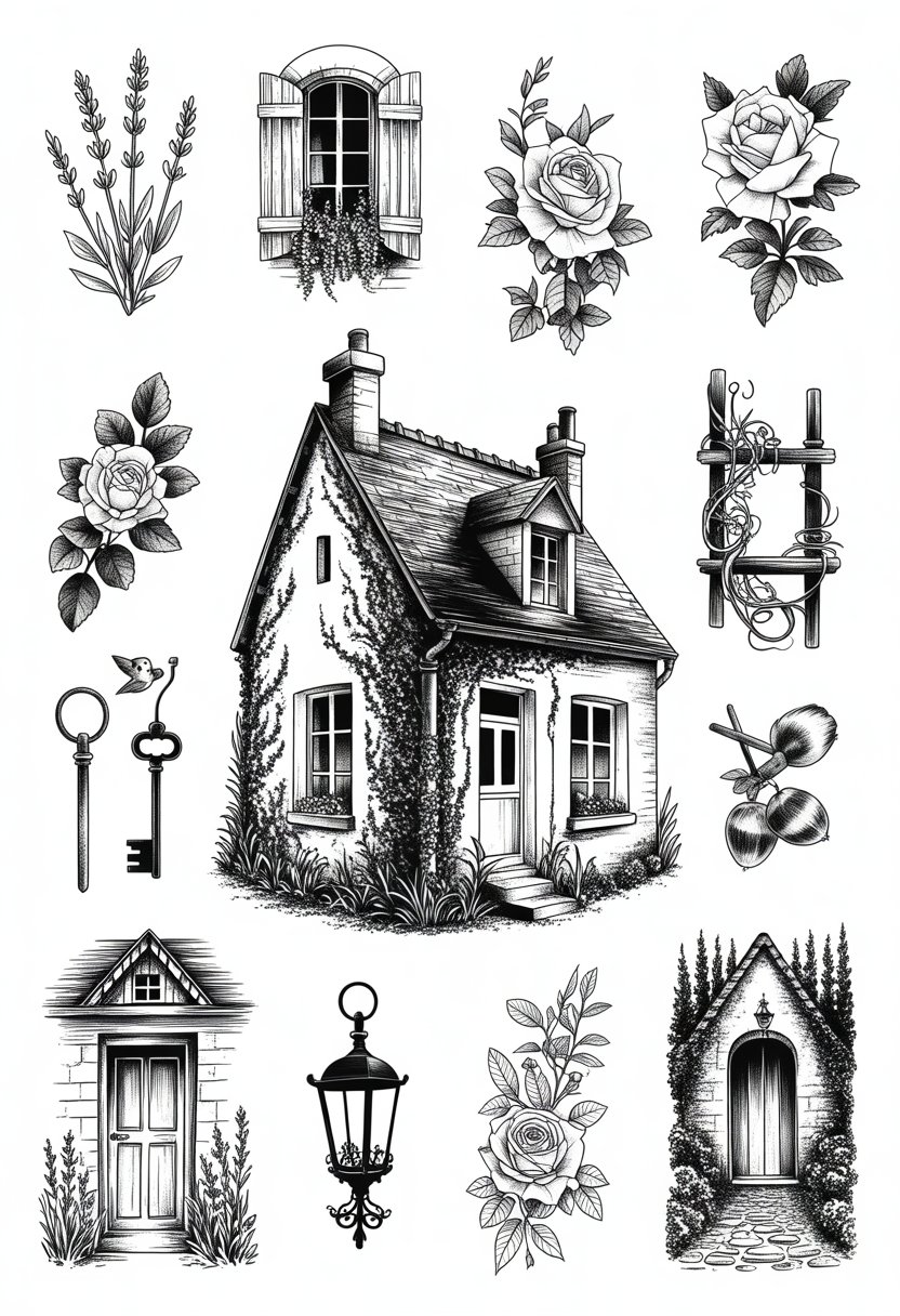 A vintage French cottage covered in ivy vines surrounded by twelve black and white tattoo designs inspired by French cottage elements.