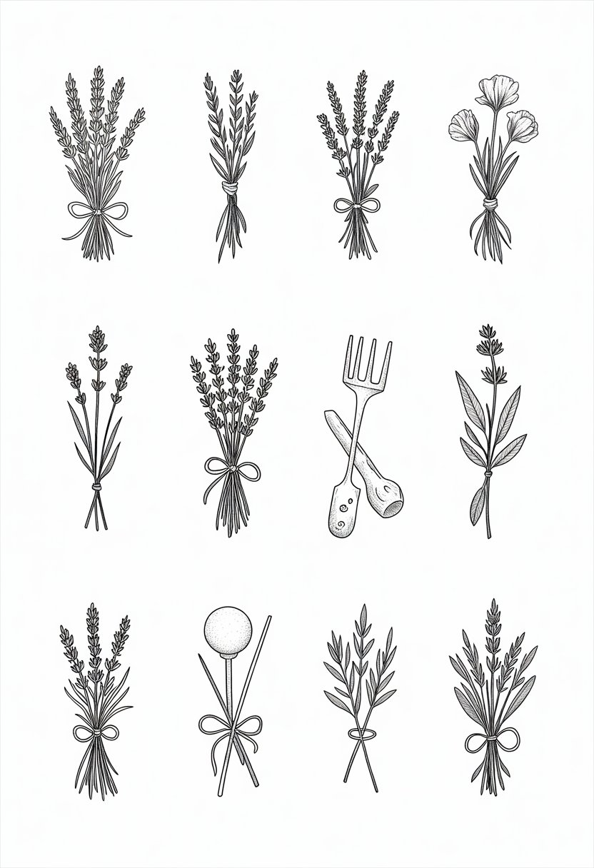 Twelve black and white illustrations of French cottage inspired designs including lavender sprigs tied with a bow and other rustic floral and countryside motifs.