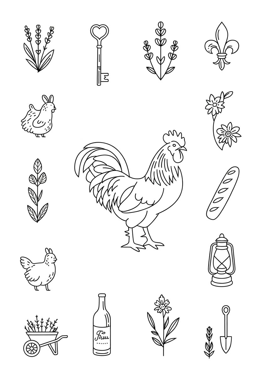 A collection of twelve black and white line drawings including a rooster, lavender sprigs, kitchen utensils, keys, fleur-de-lis, small animals, flowers, a baguette, wine bottle, wheelbarrow, lantern, and garden trowel arranged together.
