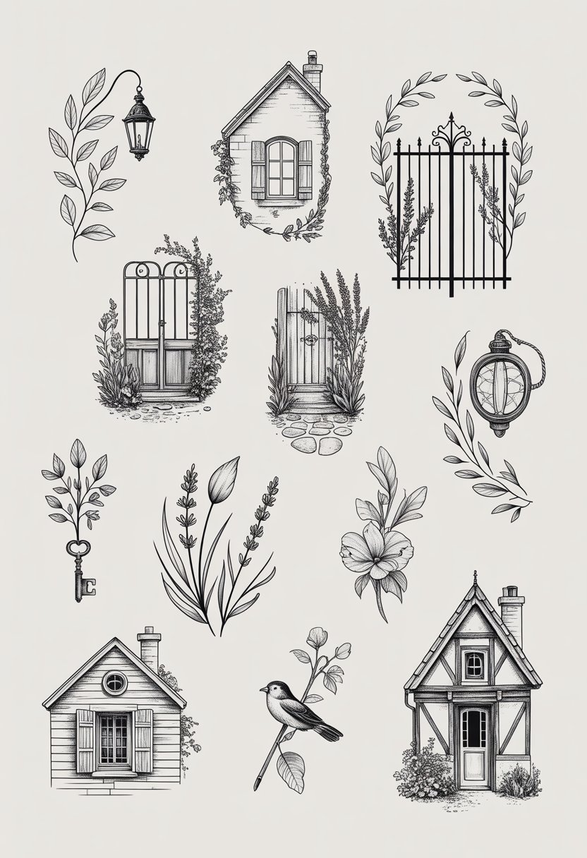 A collection of twelve black and white tattoo designs inspired by French cottages, including windows, lanterns, ivy, gates, lavender, shutters, keys, garden tools, birds, and roof tiles, arranged neatly on a light background.