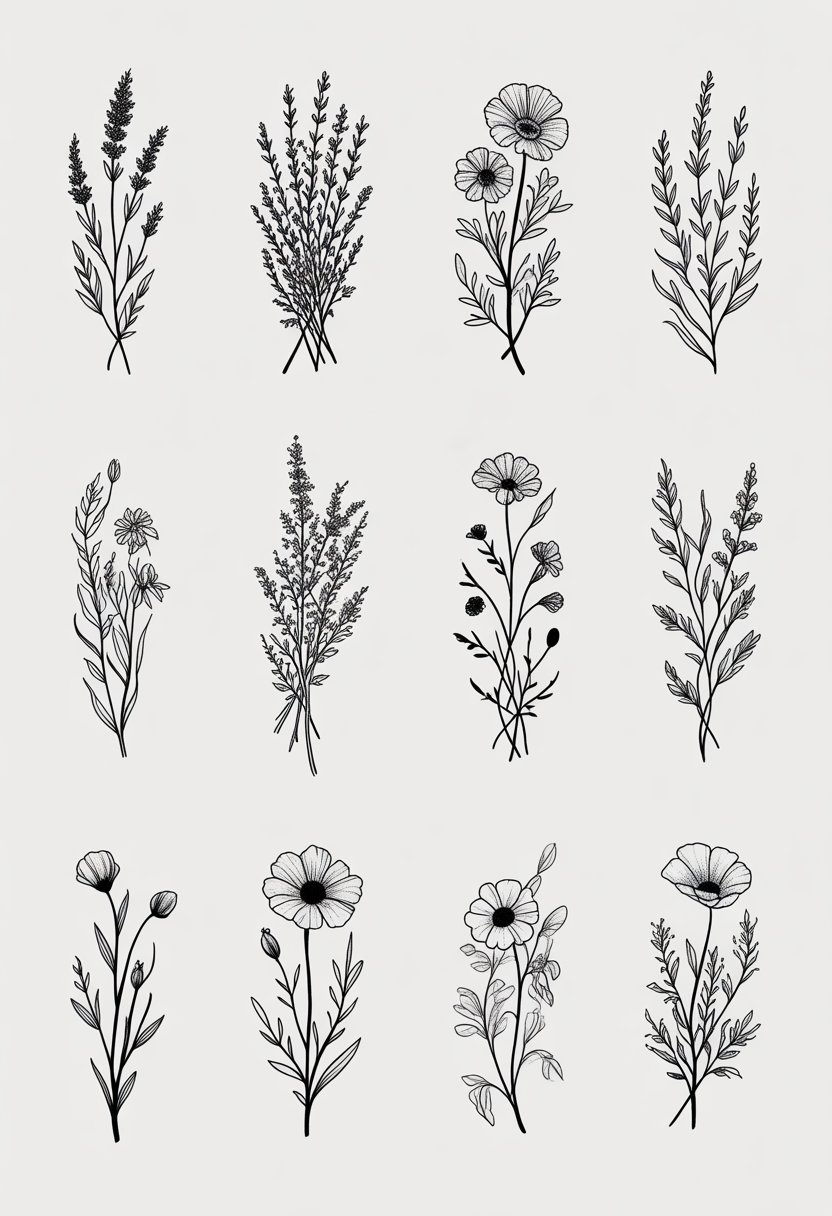 Twelve black and white tattoo designs featuring intertwined wildflowers and rustic branches arranged on a plain background.
