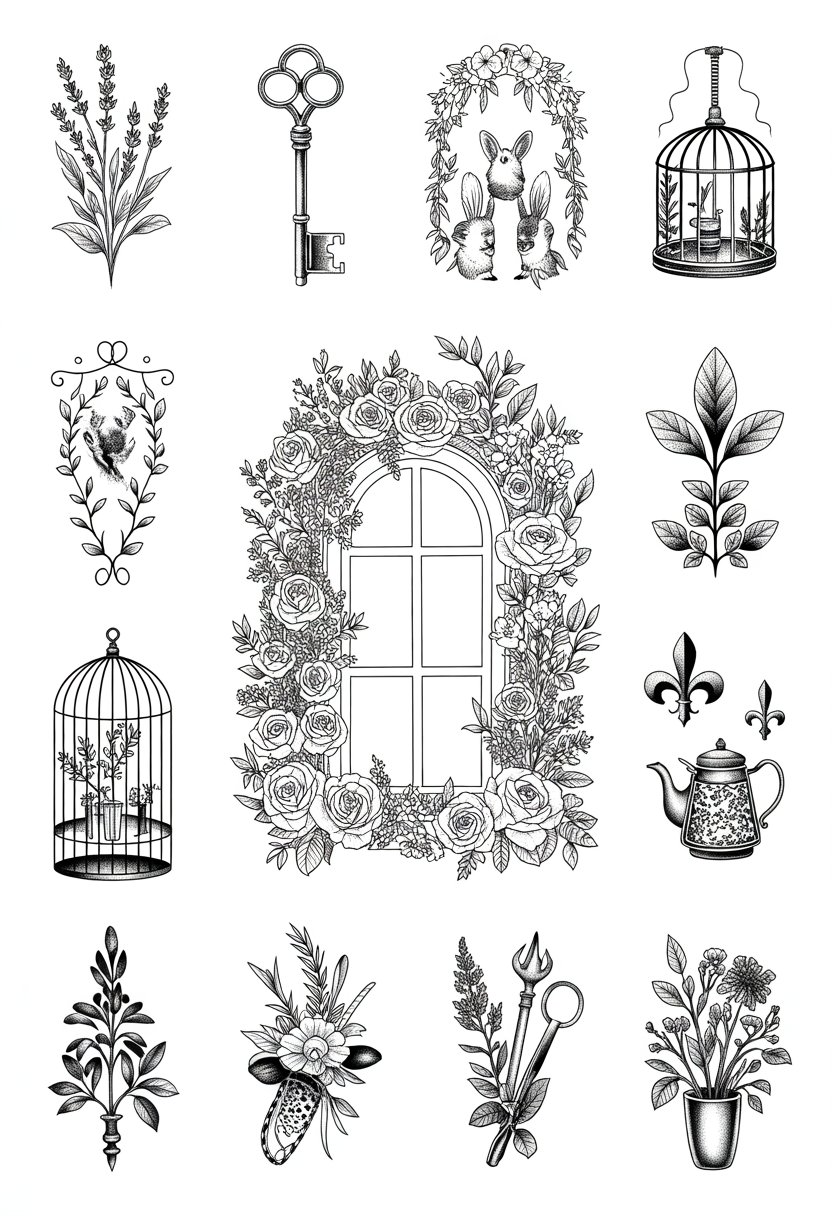 A Château window surrounded by climbing roses with twelve black and white French cottage-inspired tattoo designs arranged around it.