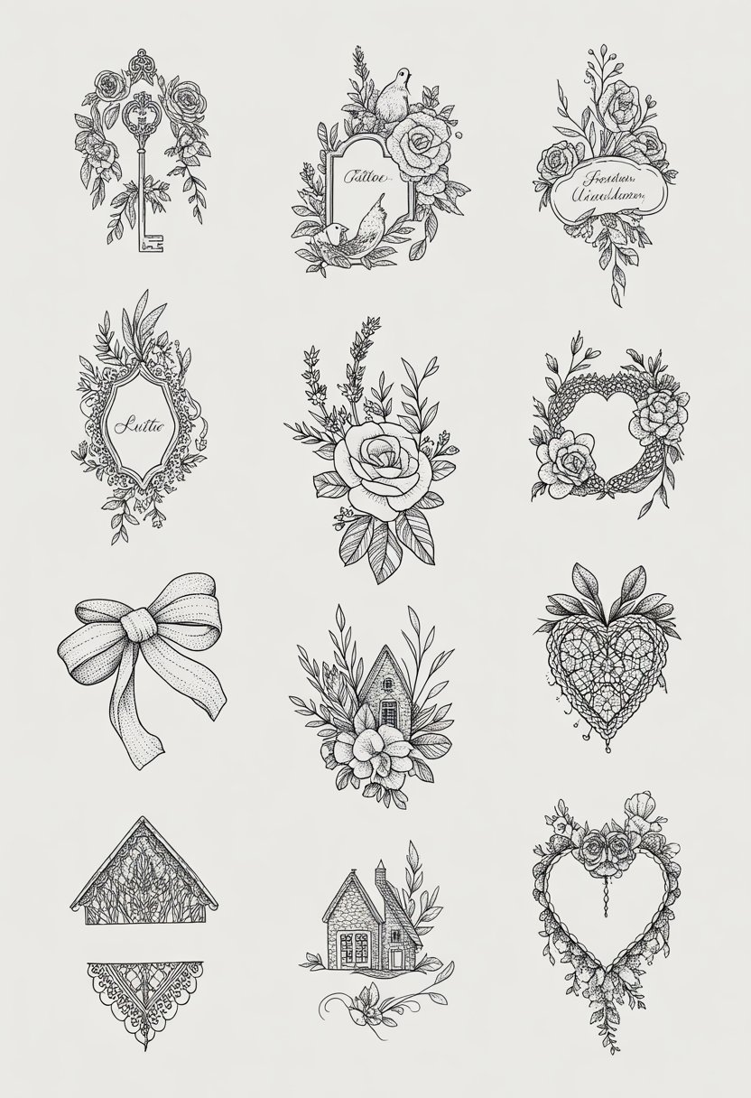 Twelve black and white tattoo designs featuring floral patterns, vintage keys, birds, roses, lavender, bows, hearts, vines, cottages, and filigree arranged in a neat grid.