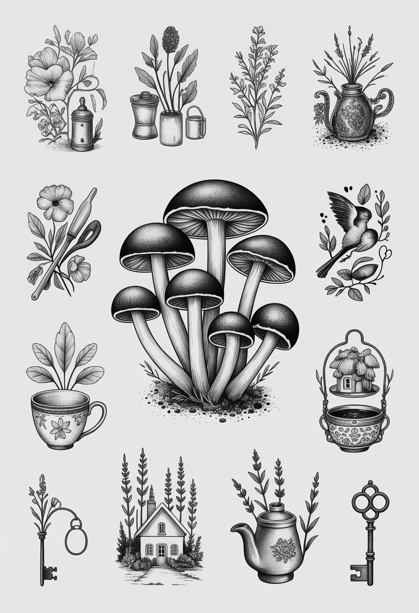 A cluster of mushrooms surrounded by twelve small black and white tattoo designs inspired by French countryside elements.