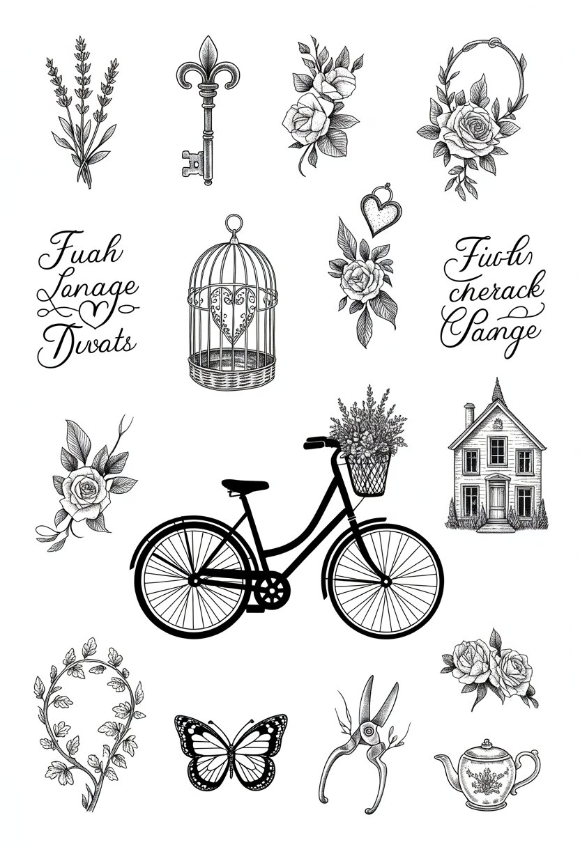 A small vintage bicycle with a basket of flowers surrounded by twelve detailed black and white French cottage-inspired tattoo designs.