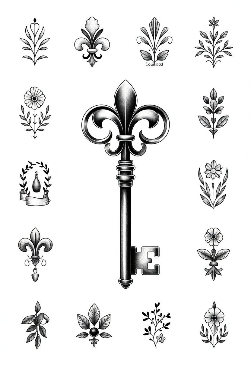 An ornate key with a fleur-de-lis handle surrounded by twelve black and white French cottage-inspired tattoo designs.