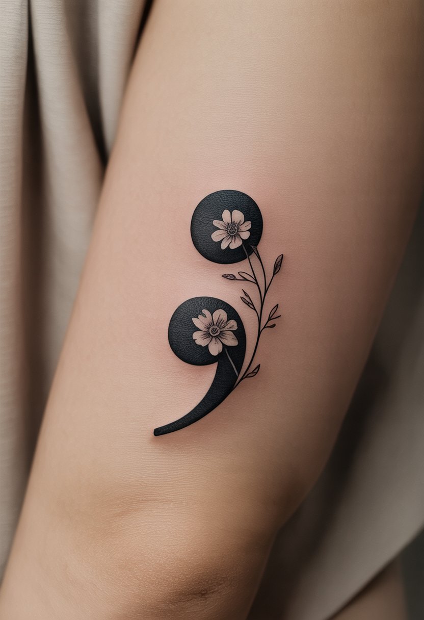 A detailed illustration of a semicolon tattoo with a small flower and vines wrapped around it on skin.
