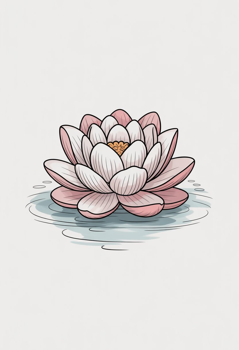 An illustration of a single lotus flower in full bloom floating on calm water with soft ripples.