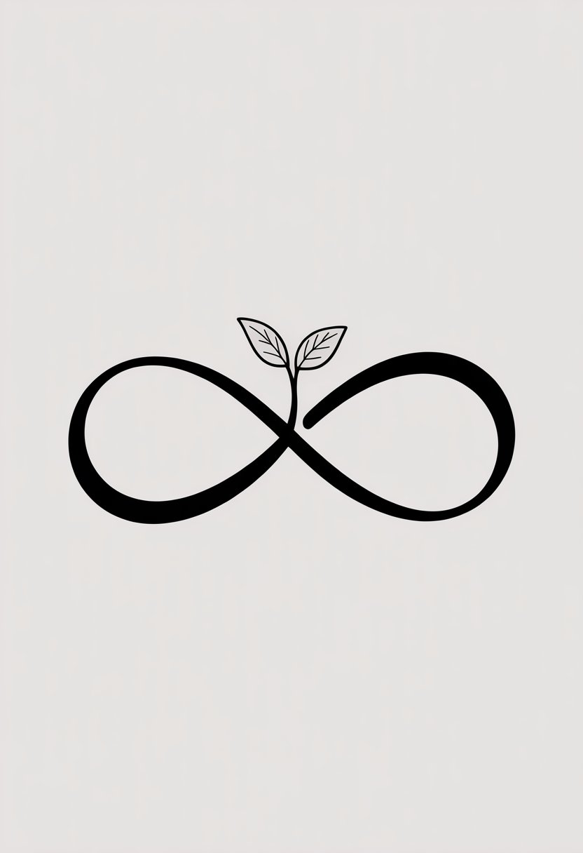 An infinity symbol with a small sprouting seedling tattoo design integrated into one loop, set against a simple background.