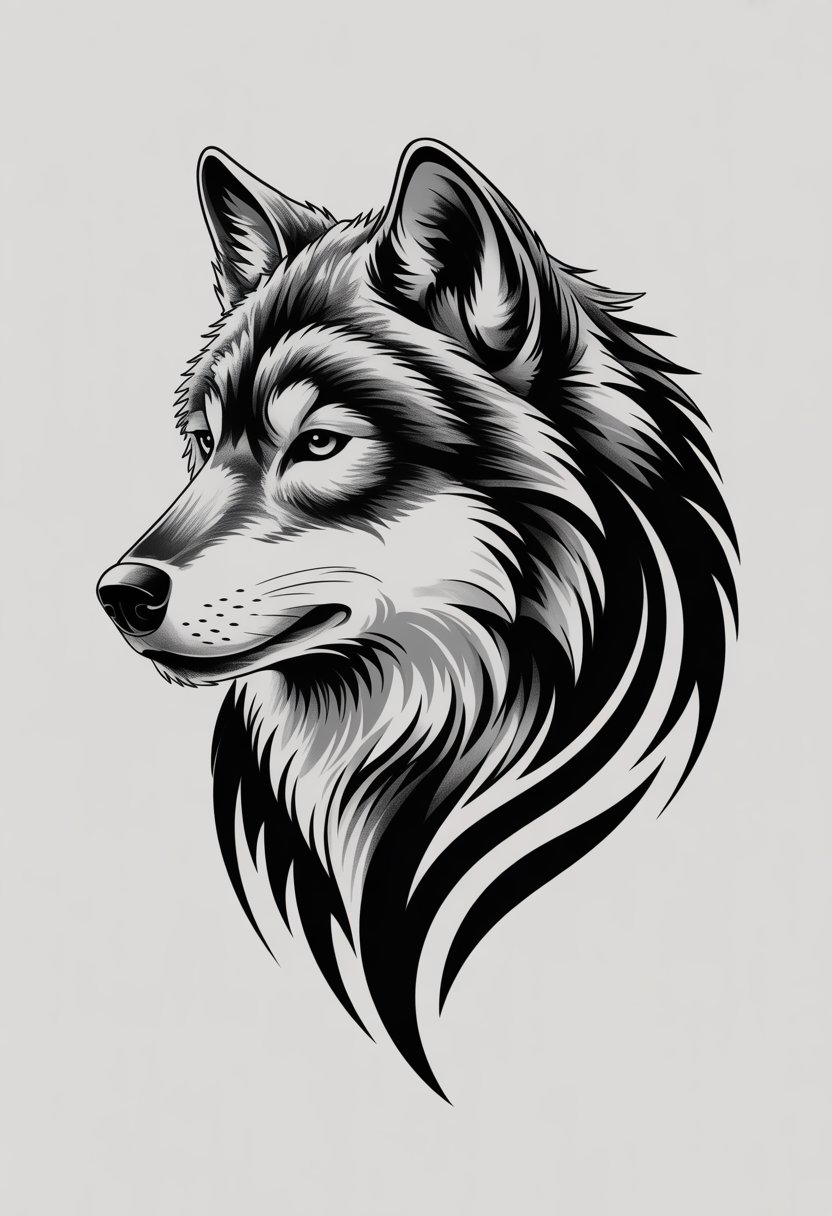 A detailed illustration of a wolf tattoo design showing the wolf's head surrounded by tribal patterns.