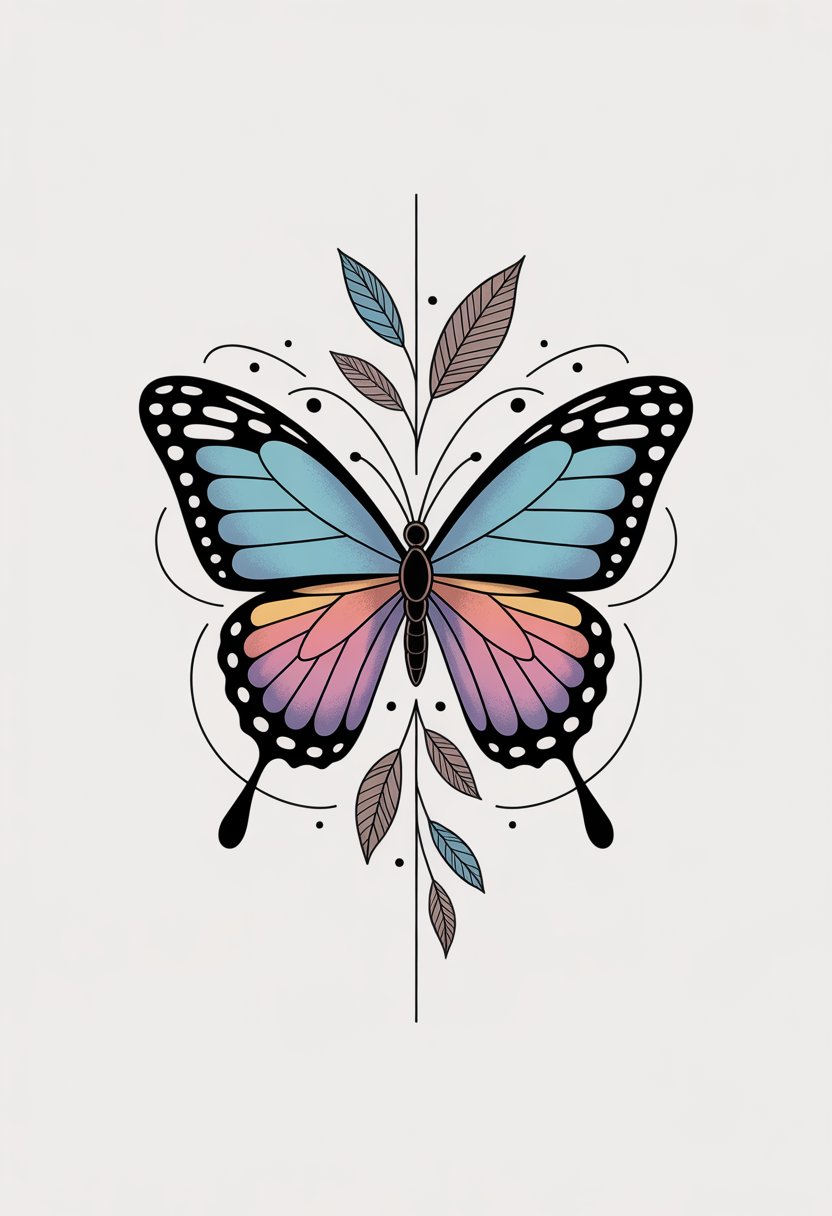 A detailed illustration of a butterfly tattoo design symbolizing transformation and freedom, shown in mid-flight with intricate wing patterns and subtle elements representing growth.