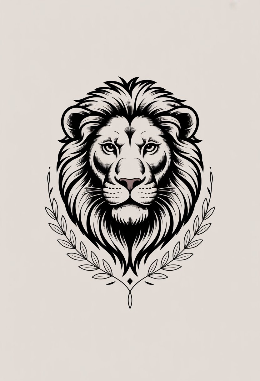 A detailed lion tattoo design showing a lion's head with a flowing mane, symbolizing courage and leadership.