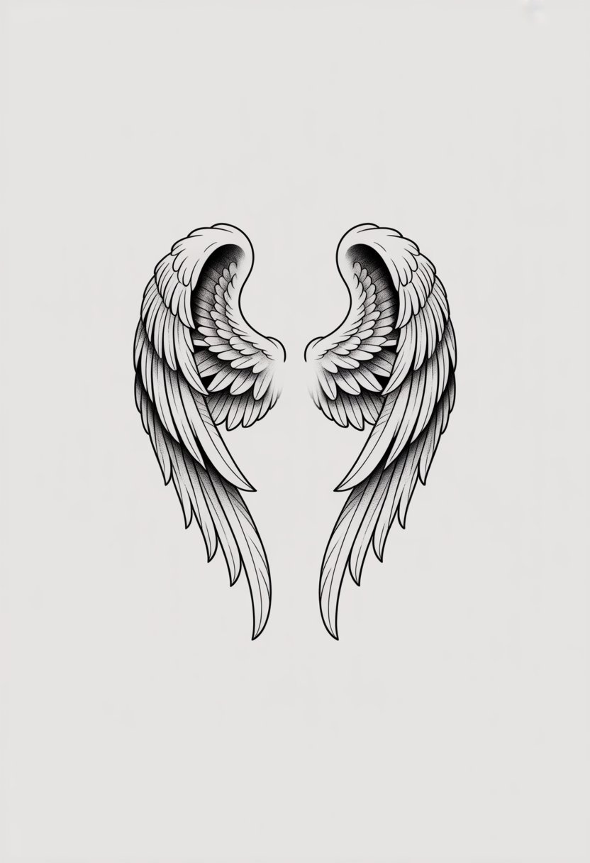 A detailed illustration of a single angel wings tattoo symbolizing tribute and remembrance.