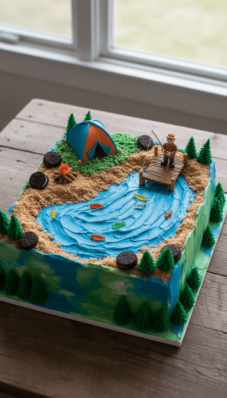 Camping and Lakeside Fishing Adventure Cake